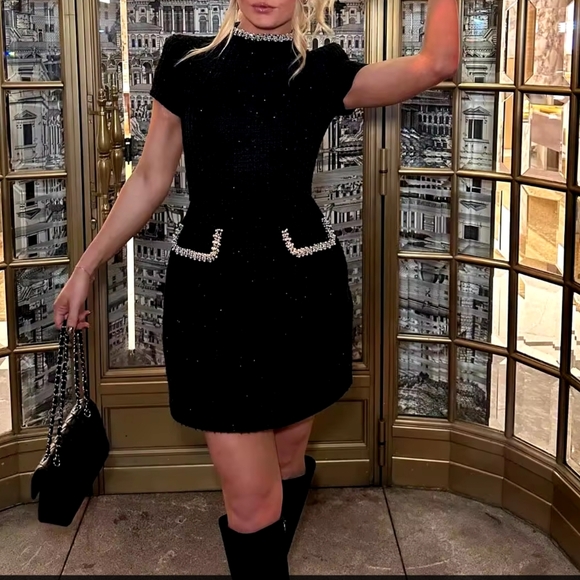 Tweed Long Sleeve Dress Women Fashion Shiny Square Collar Shoulder Pads Dress - Picture 10 of 10